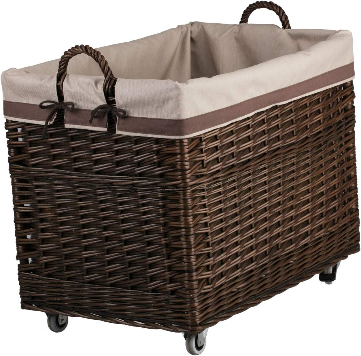 Wicker Log Basket on Wheels Rustic Wood Holder Toy Box Indoor Storage