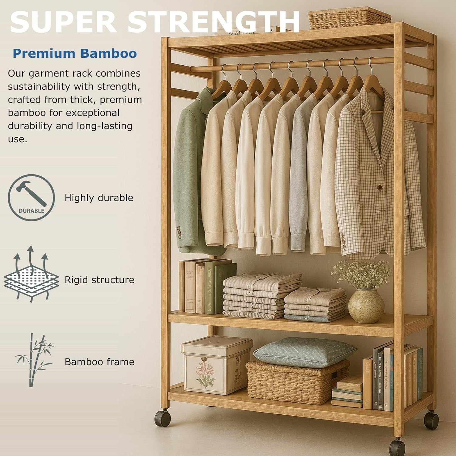 Bamboo Clothes Rack with Wheels & Shelves – Natural