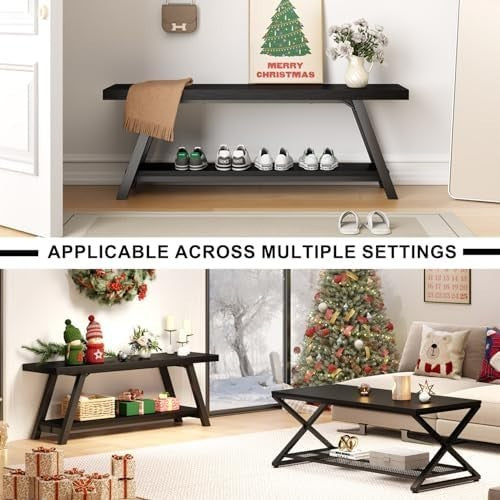 Modern Black Oak Entryway Bench Wood Metal Storage Shoe Rack 47in