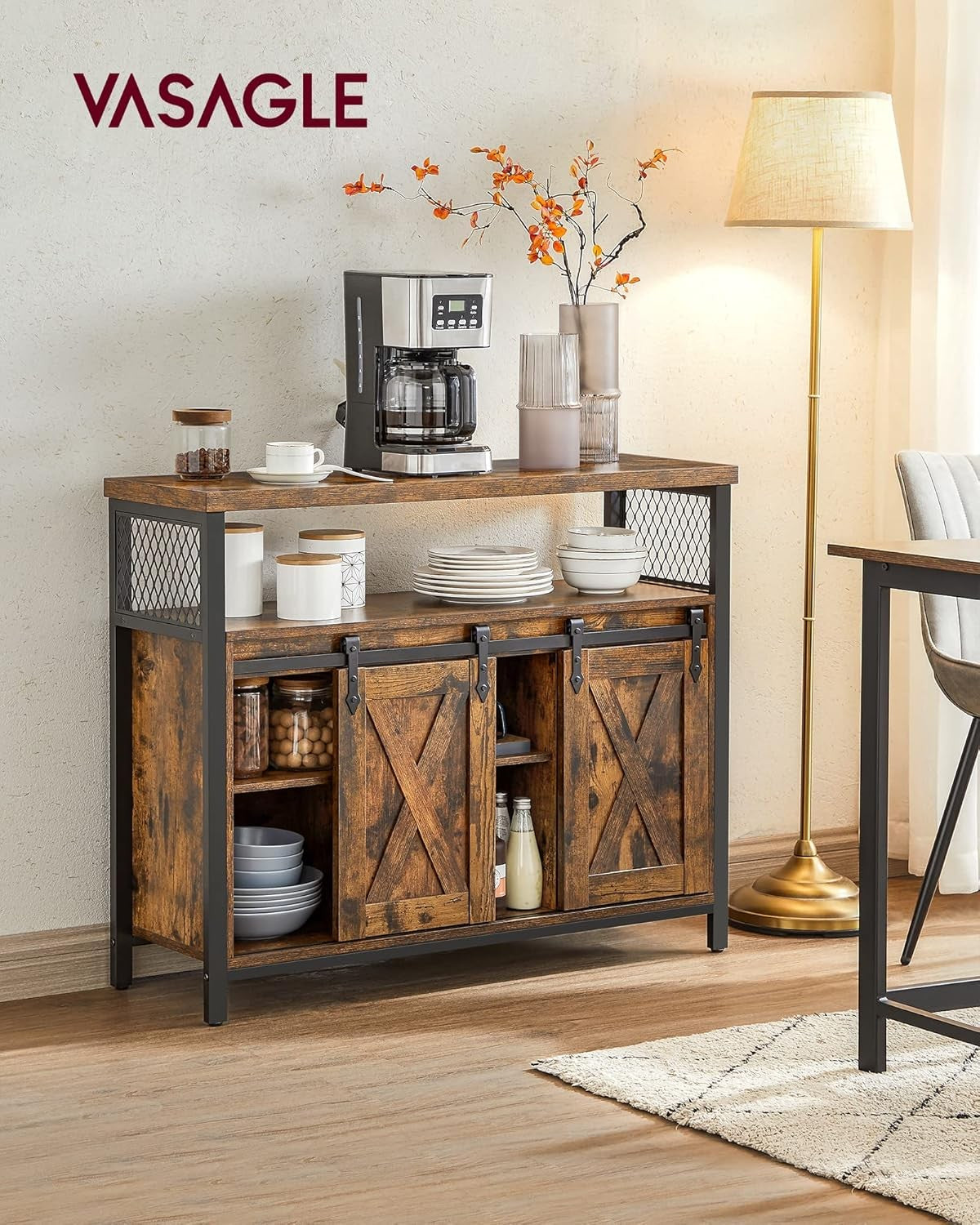 Rustic Brown Industrial Sideboard Cabinet Sliding Doors Storage Unit