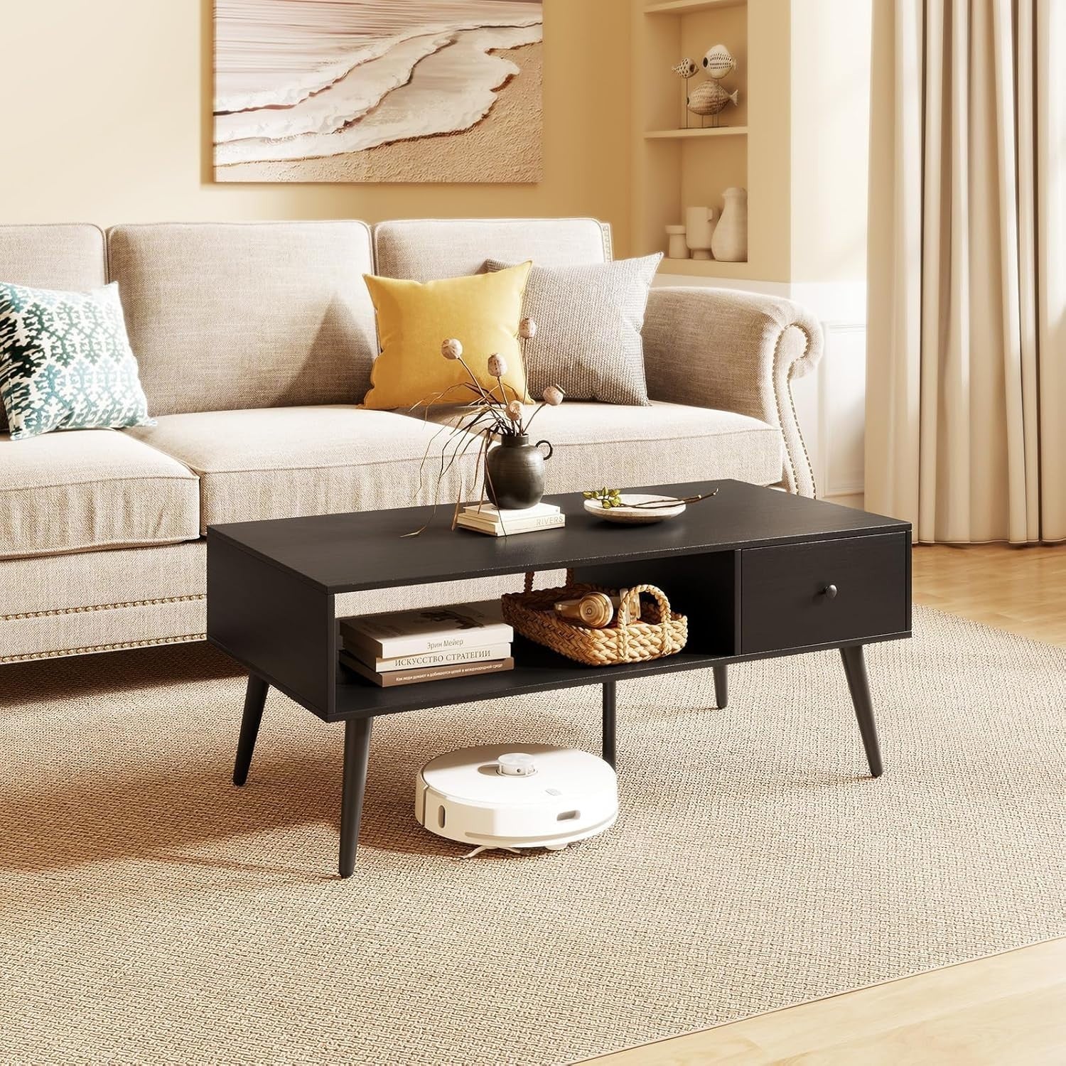 Rectangular Coffee Table with Drawer & Storage Shelf – 109x55x42 cm Black