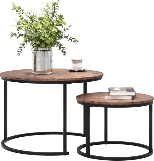 Round Nesting Coffee Table Set of 2, Black & Brown Metal Frame 70/50cm