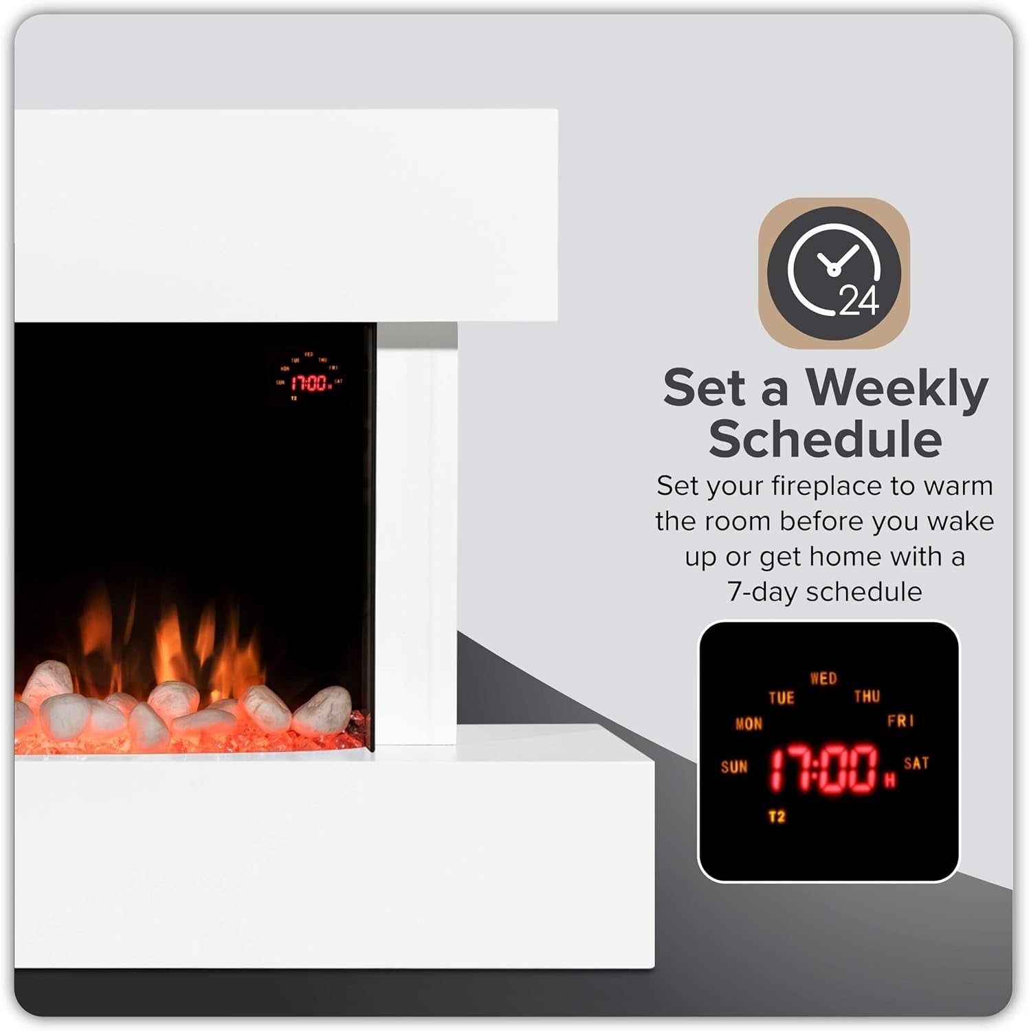 46" Wall Mounted Electric Fireplace White LED Flame Heater Pebble Log