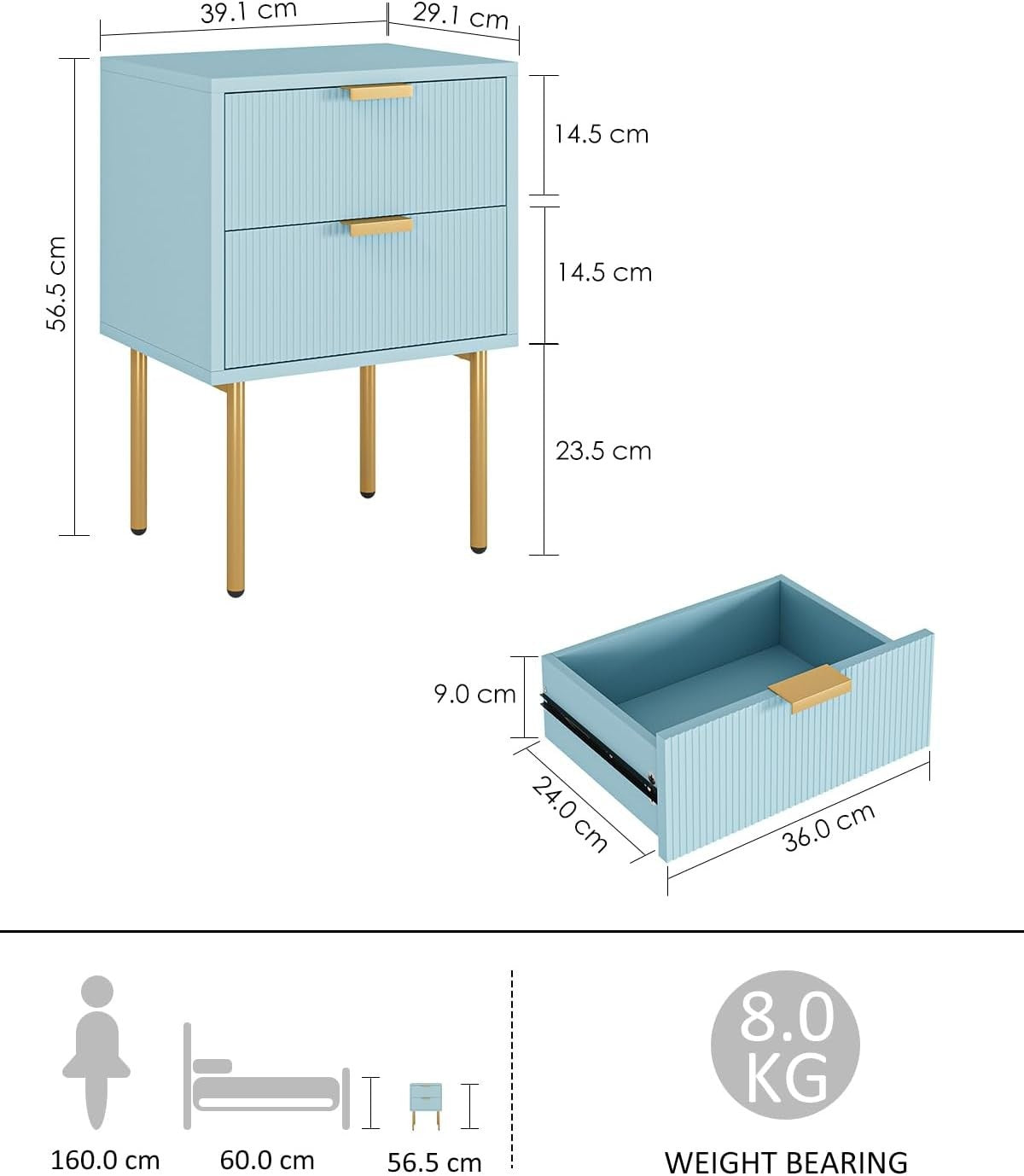 Blue Bedside Table with 2 Drawers & Gold Legs | Modern Nightstand