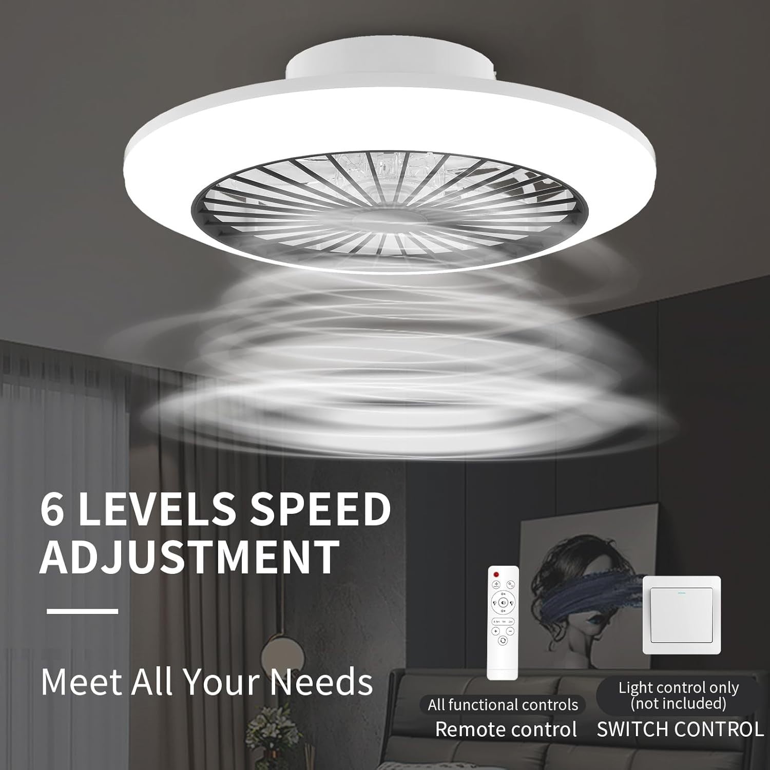 45.5CM Ceiling Fan Light, 6 Speeds, Stepless Dimming LED, 3000K-5500K, Remote
