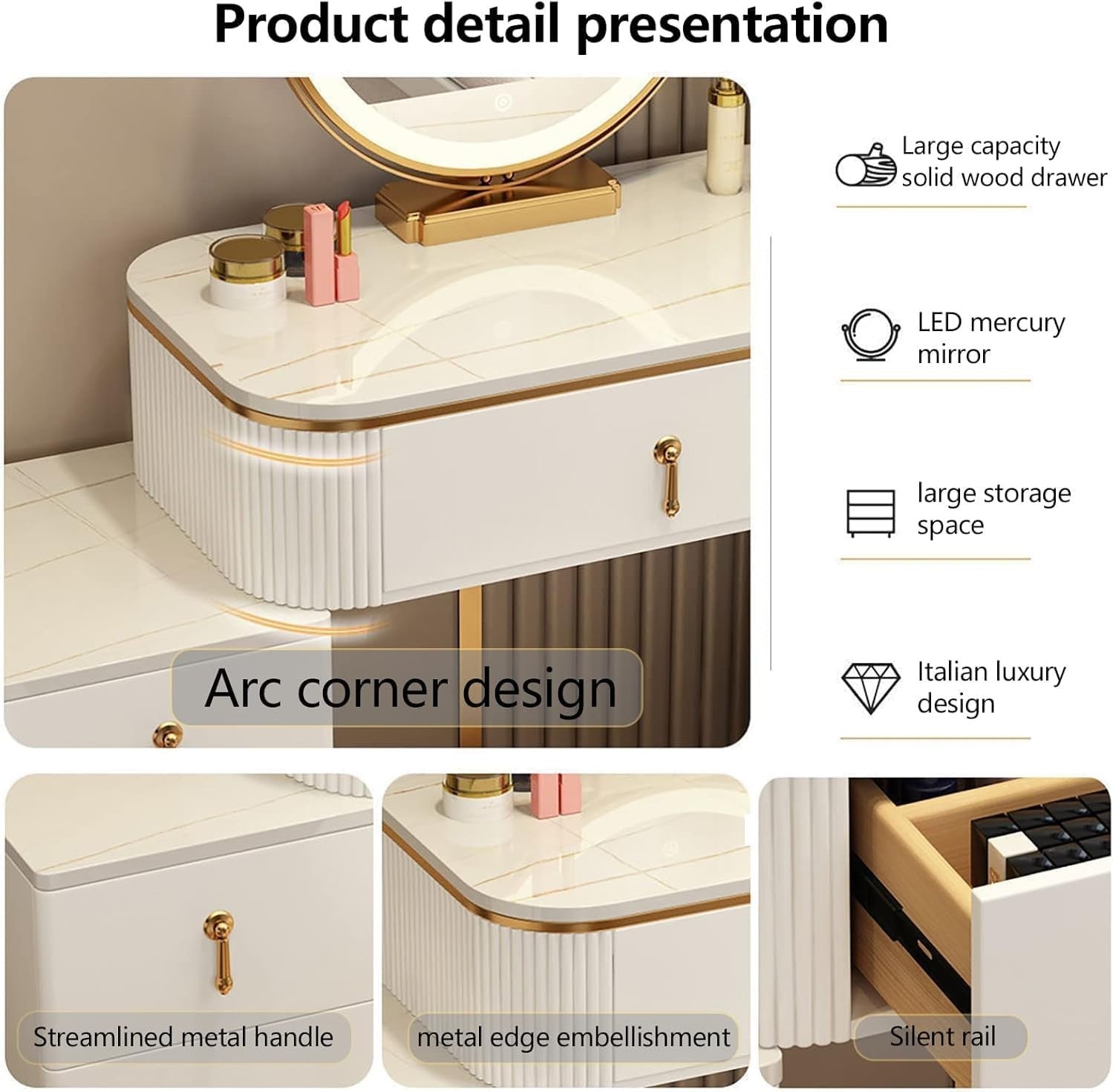 Modern White Vanity Table with LED Mirror & 4 Drawers Makeup Desk Set