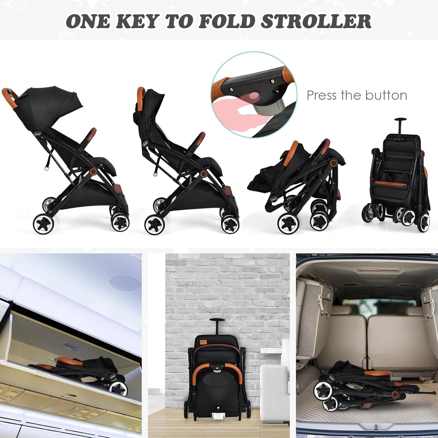 Black Lightweight Baby Stroller One Hand Fold Compact Travel Buggy
