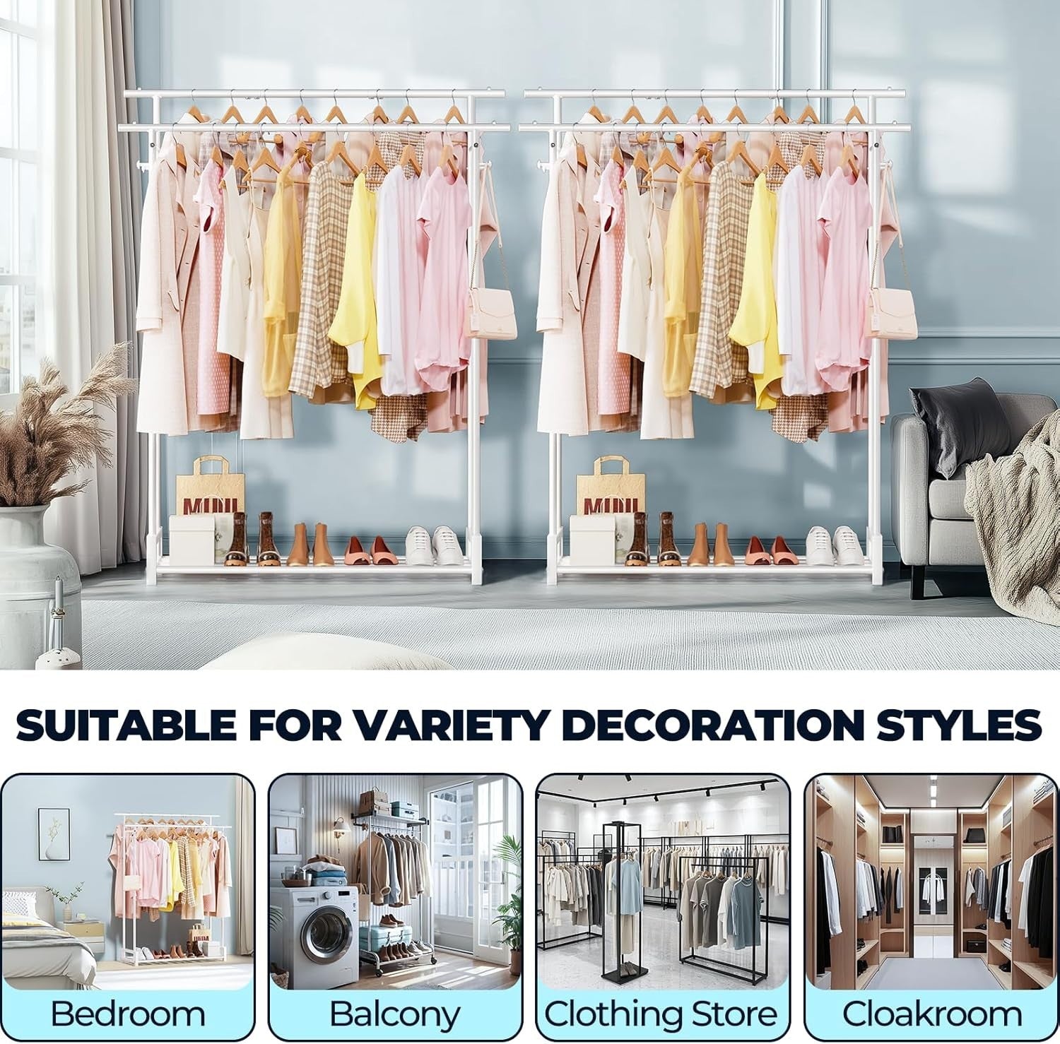 Double Clothes Rail with Shelf & Hooks – White 150cm
