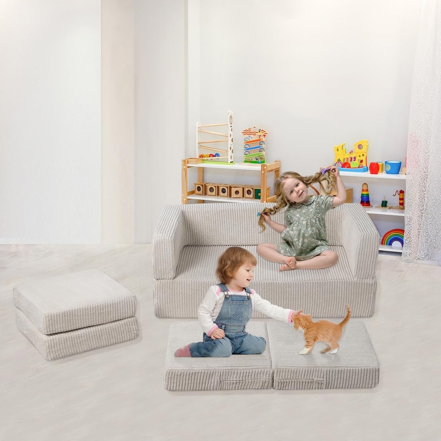 Ultra-Soft Kids Sofa Bed with Cushions, 2-Seater Foam Sofa for Toddlers Beige