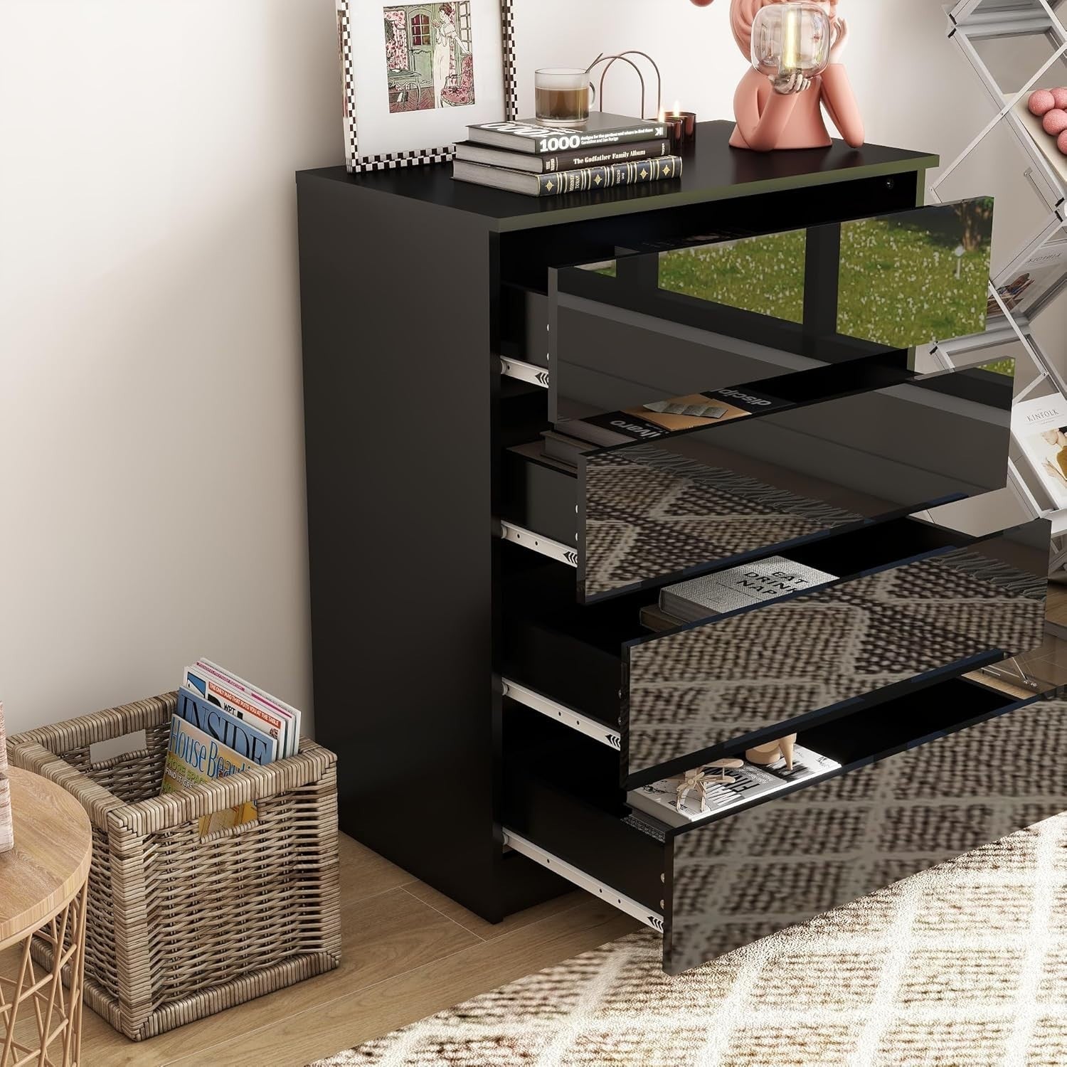 Black 4 Drawer High-Gloss Chest Modern Storage Cabinet Bedroom Organizer