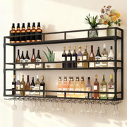 Wall Mounted Wine Rack Black Metal Bar Shelf With Glass Holder 180x25x90cm