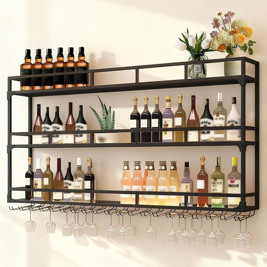 Wall Mounted Wine Rack Black Metal Bar Shelf With Glass Holder 180x25x90cm
