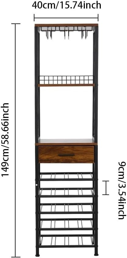 Tall Wine Rack Cabinet with Drawer & Glass Holder, 20 Bottle Storage Shelf Stand