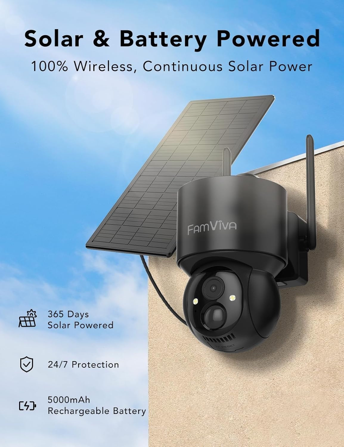 2K Solar Security Camera Wireless Outdoor PTZ 360° WiFi IP66 CCTV