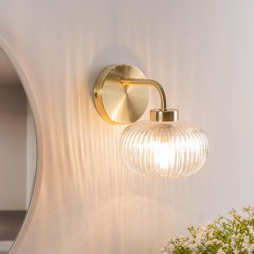 Gold Wall Light Pair with Clear Ribbed Glass Shade | LED Included, IP44