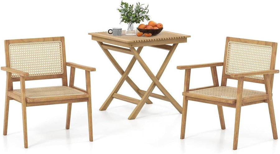 3 Piece Teak Wood Bistro Set Folding Table Rattan Chairs Patio Balcony