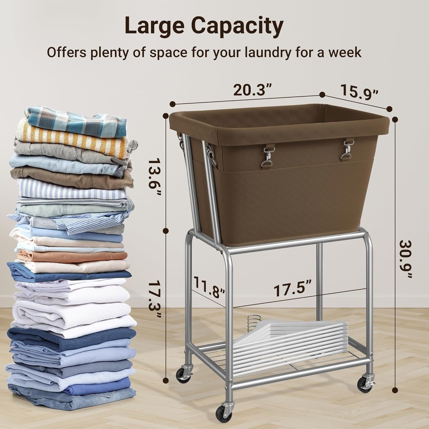 Rolling Laundry Cart with Wheels Removable Bag & Shelf Metal Frame Laundry