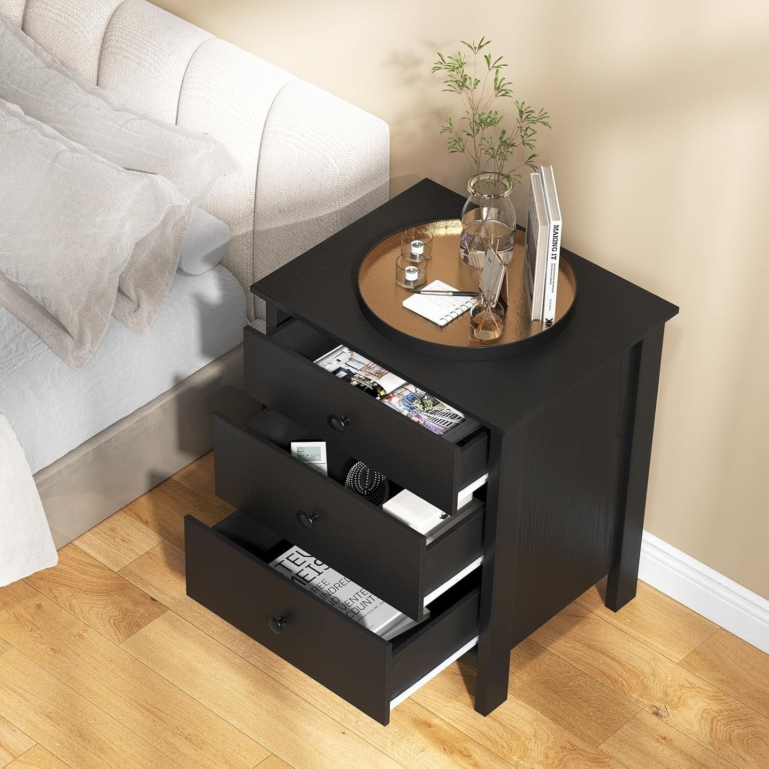 Modern Black 3 Drawer Bedside Table | Wooden Nightstand with Storage Drawers