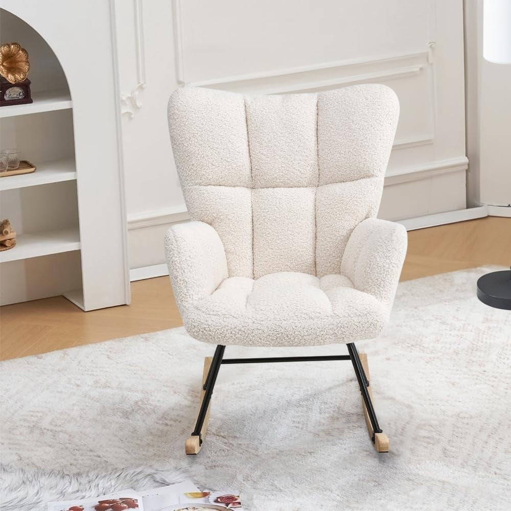 Ivory Rocking Chair Teddy Fabric Comfy Armchair for Nursery Lounge Relax