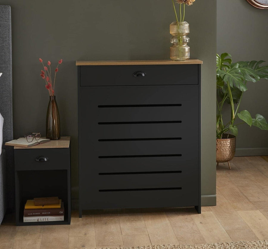 Black Radiator Cover Cabinet with Storage Drawers Modern MDF Unit, Small