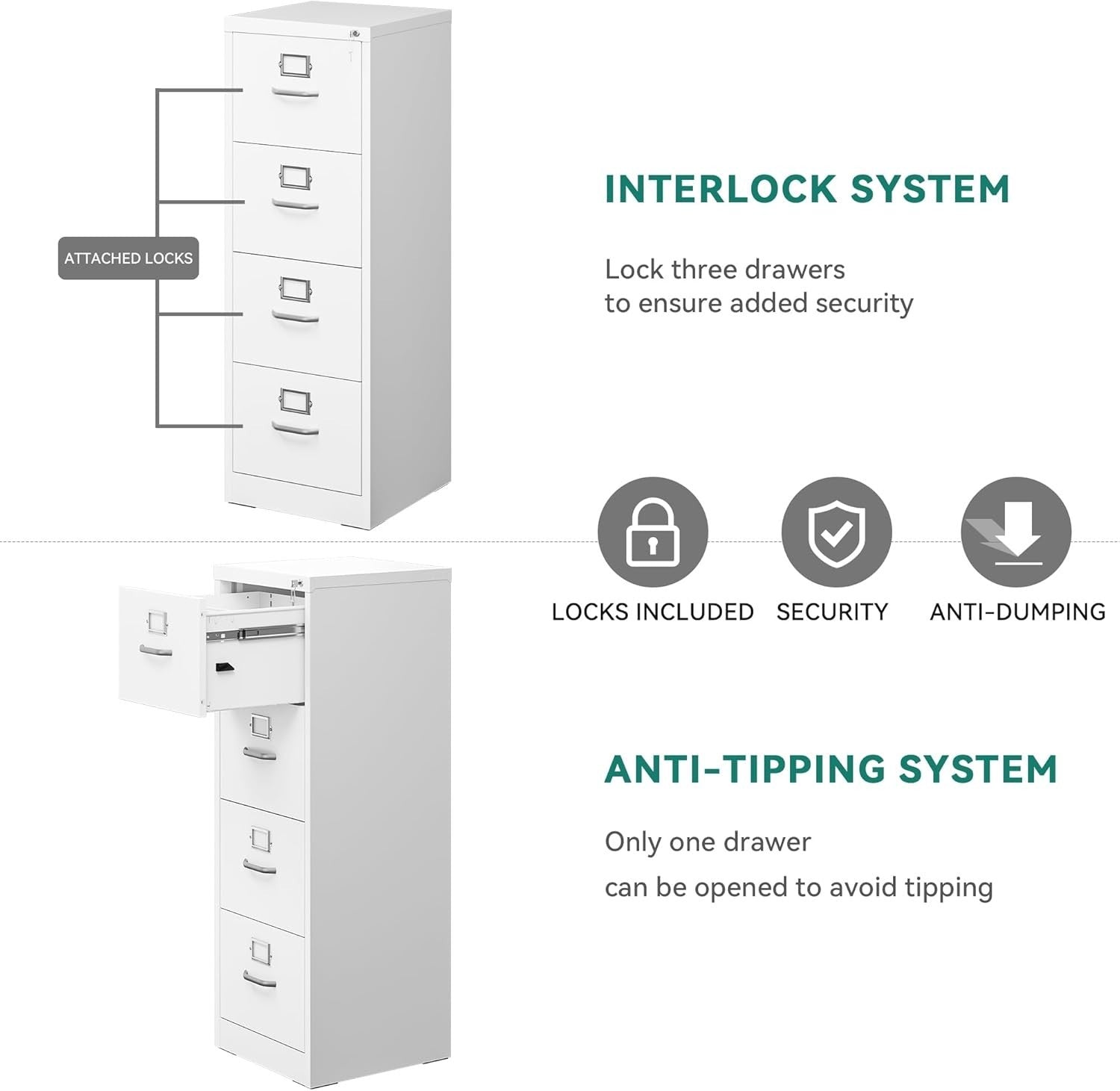 White 4 Drawer Lockable Filing Cabinet Anti Tip Vertical A4 Office Storage