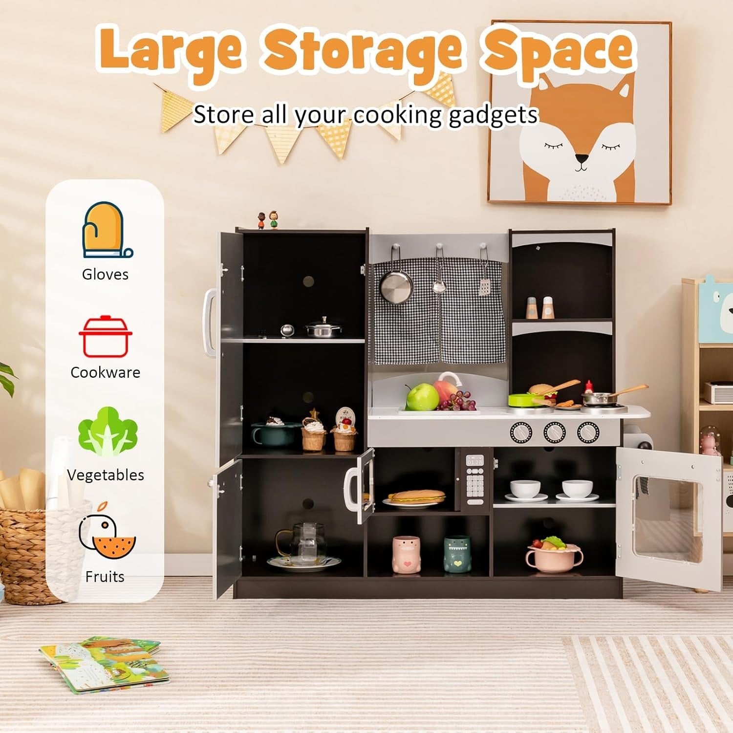 Wooden Kids Play Kitchen Pretend Cooking Set w/ Fridge Oven Sink