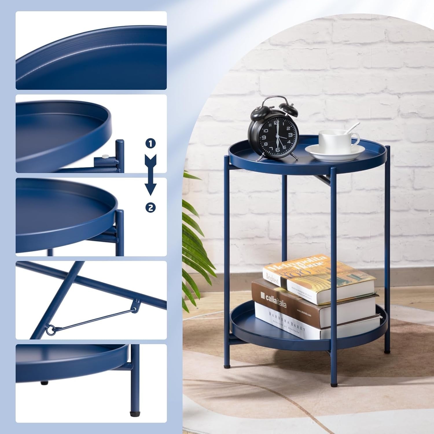 Small Round Metal Side Table 2-Tier Removable Tray Coffee Table Dark Blue