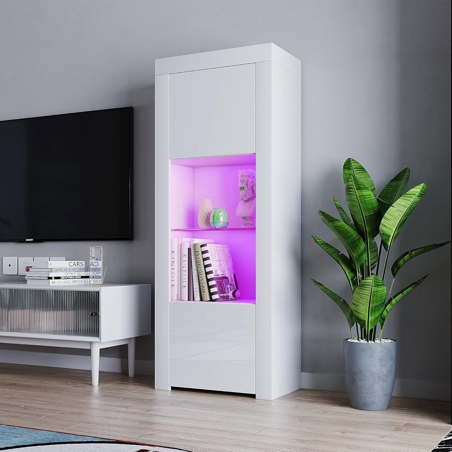 LED Lighted White Display Cabinet Sideboard with Glass Shelf 62x35x160cm