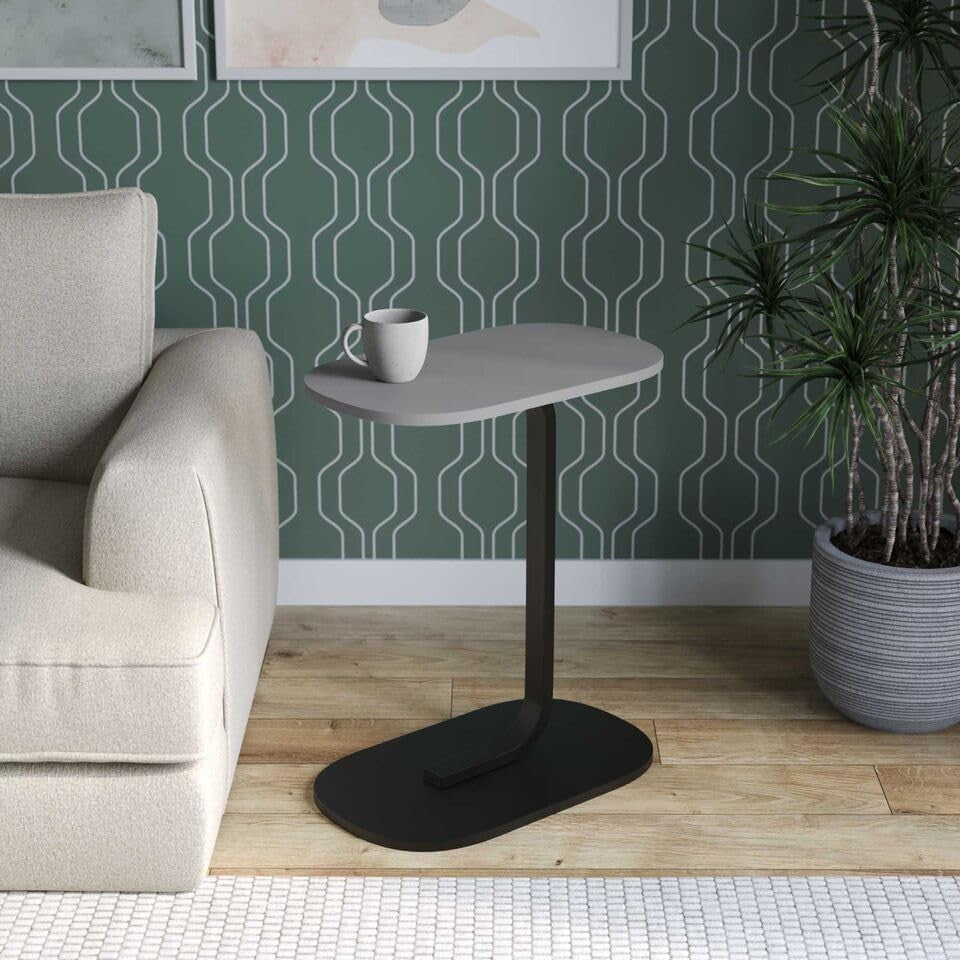 C-Shaped Side Table with Storage, Compact Wood & Metal Bedside Table, Grey