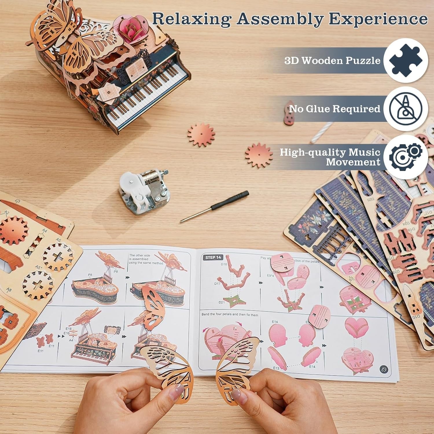 3D Wooden Piano Music Box Puzzle DIY Mechanical Butterfly Model Kit