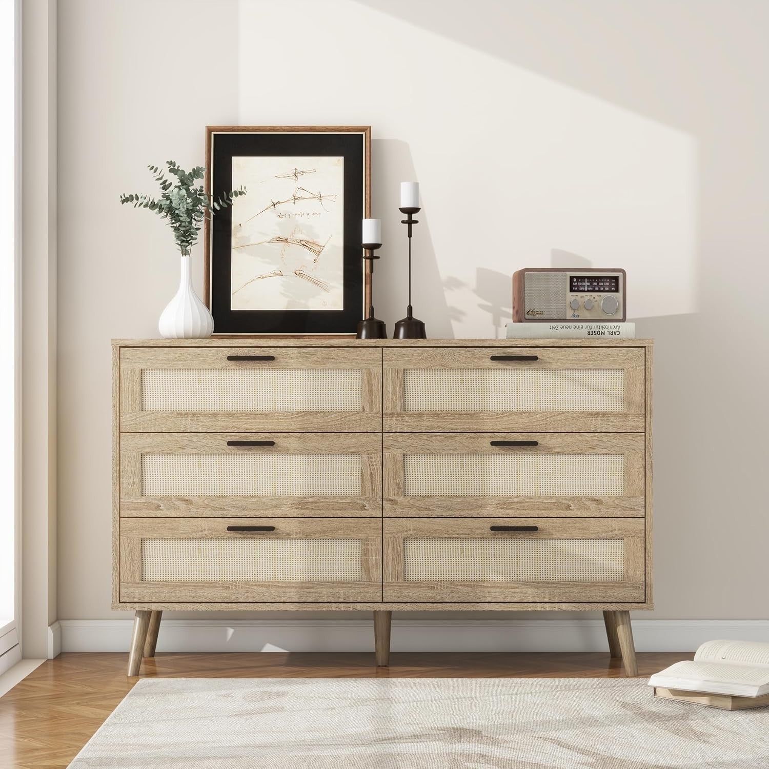 Rattan Chest of Drawers 6 Drawer Oak Wood Storage Cabinet Bedroom