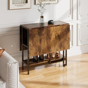 Brown Wooden Folding Drop Leaf Dining Table with Storage Shelves on Wheels