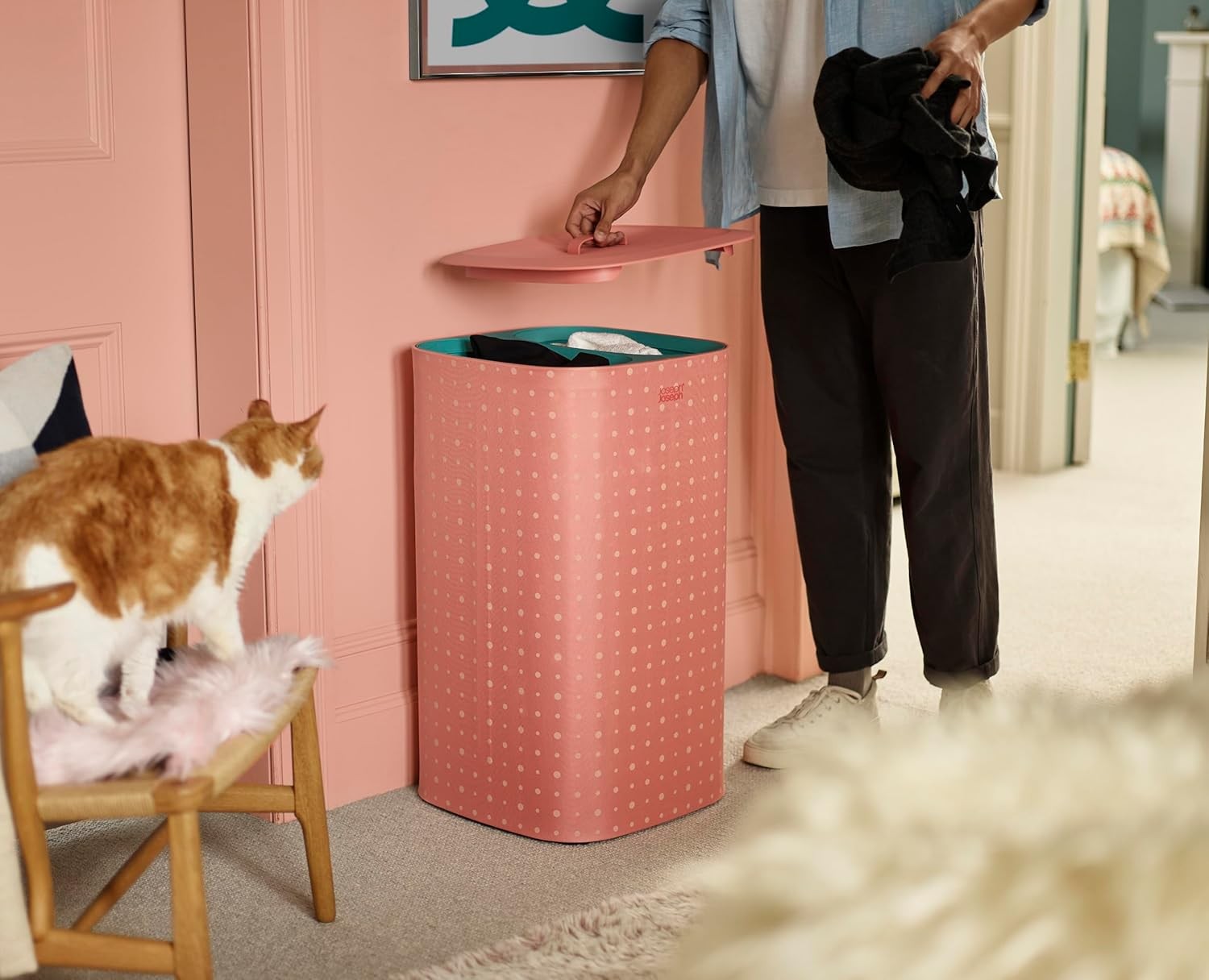 60L Dual Laundry Basket with Lid Removable Bags Coral Green Modern Design