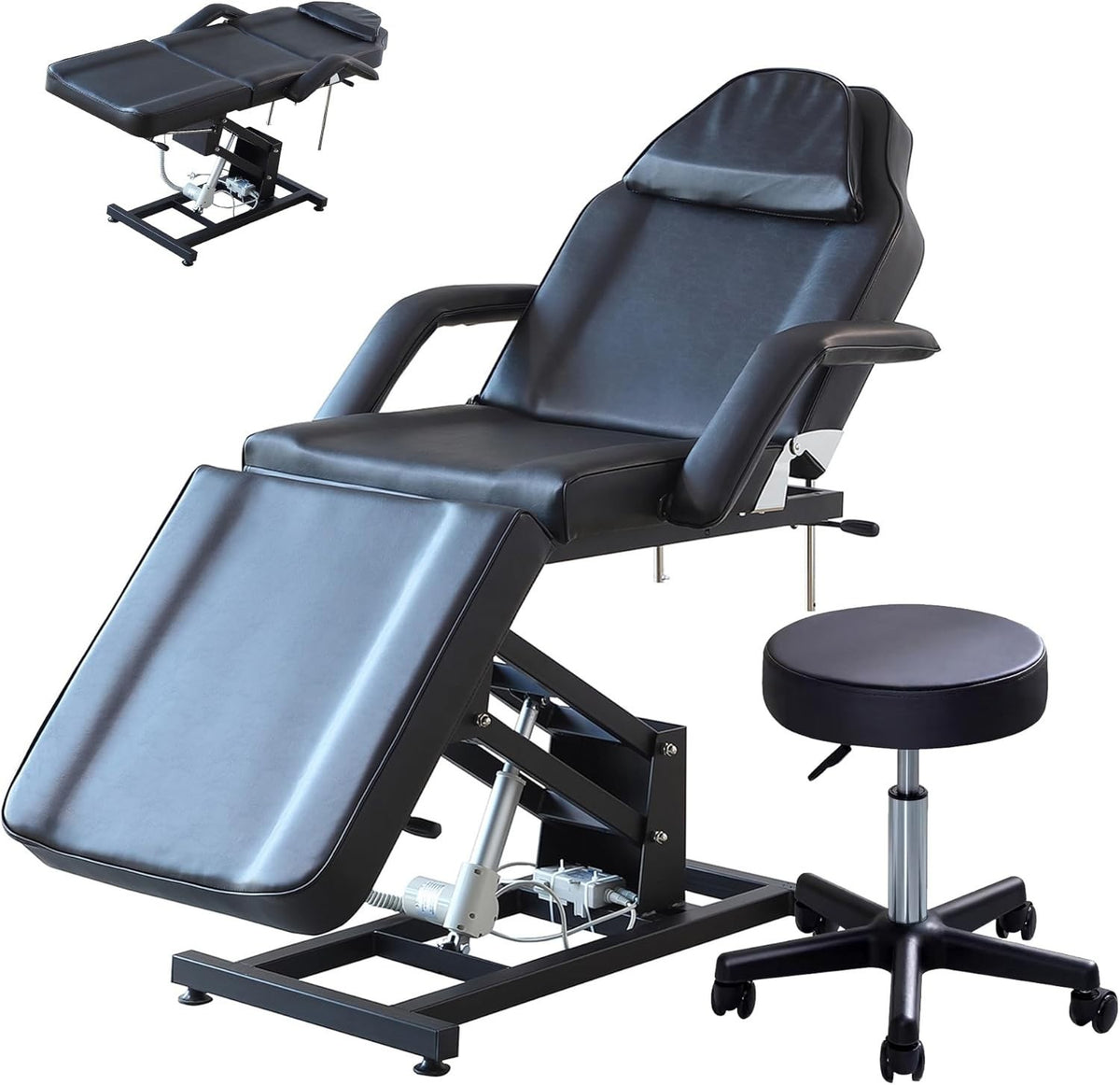 Electric 3-Section Beauty Massage Bed w/ Head Cushion & Swivel Stool Black
