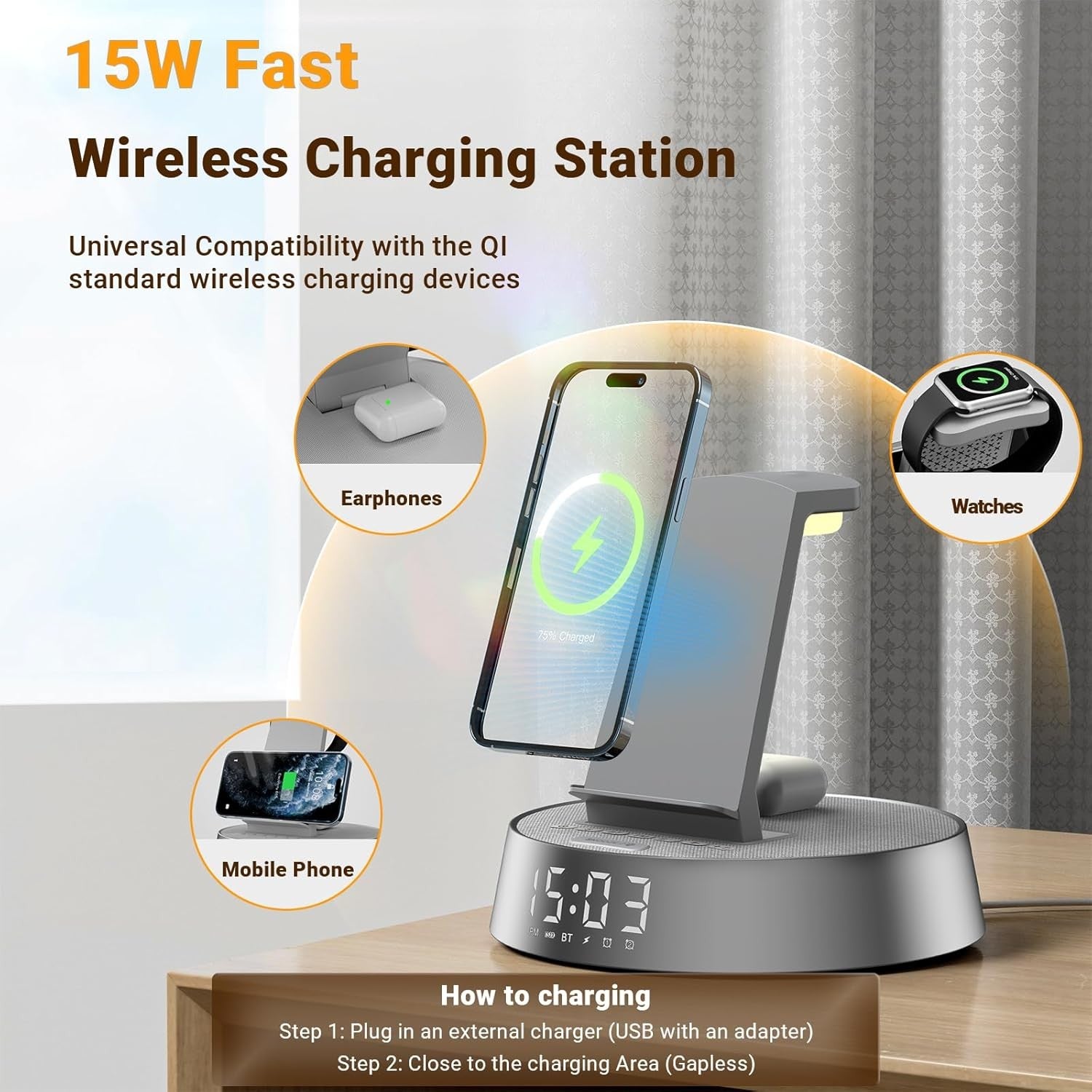 Wireless Charging Alarm Clock Bluetooth Speaker Night Fast Charger