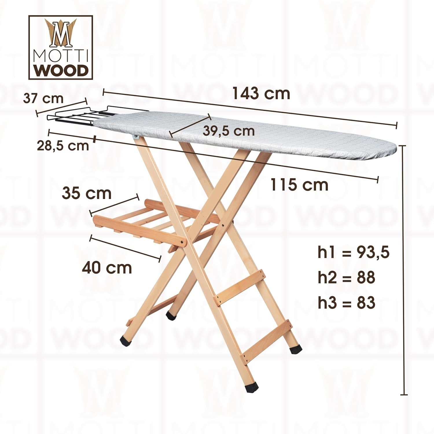 Extra Large Wooden Ironing Board Adjustable Height Foldable Breathable 143cm