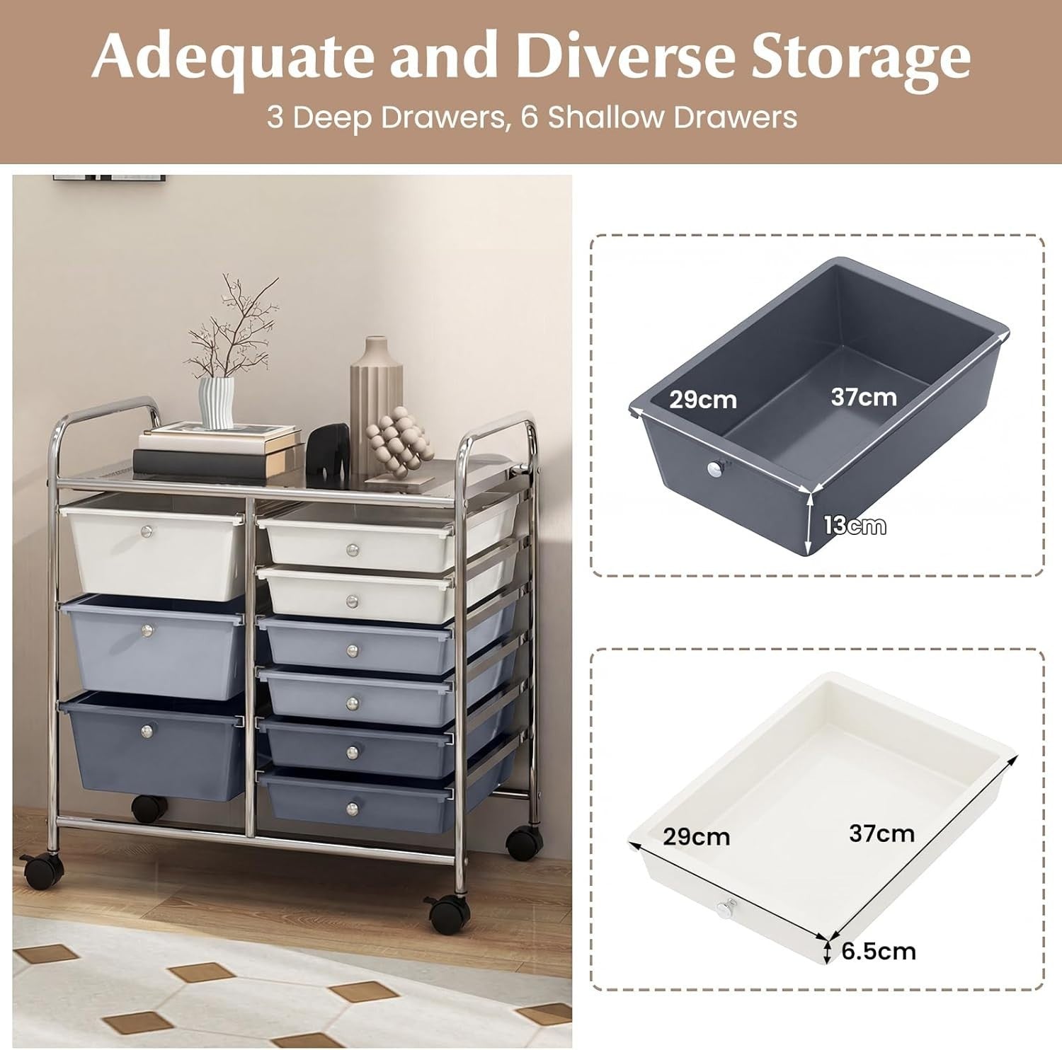 9 Drawer Rolling Storage Cart Utility Trolley Mobile Organiser Wheels