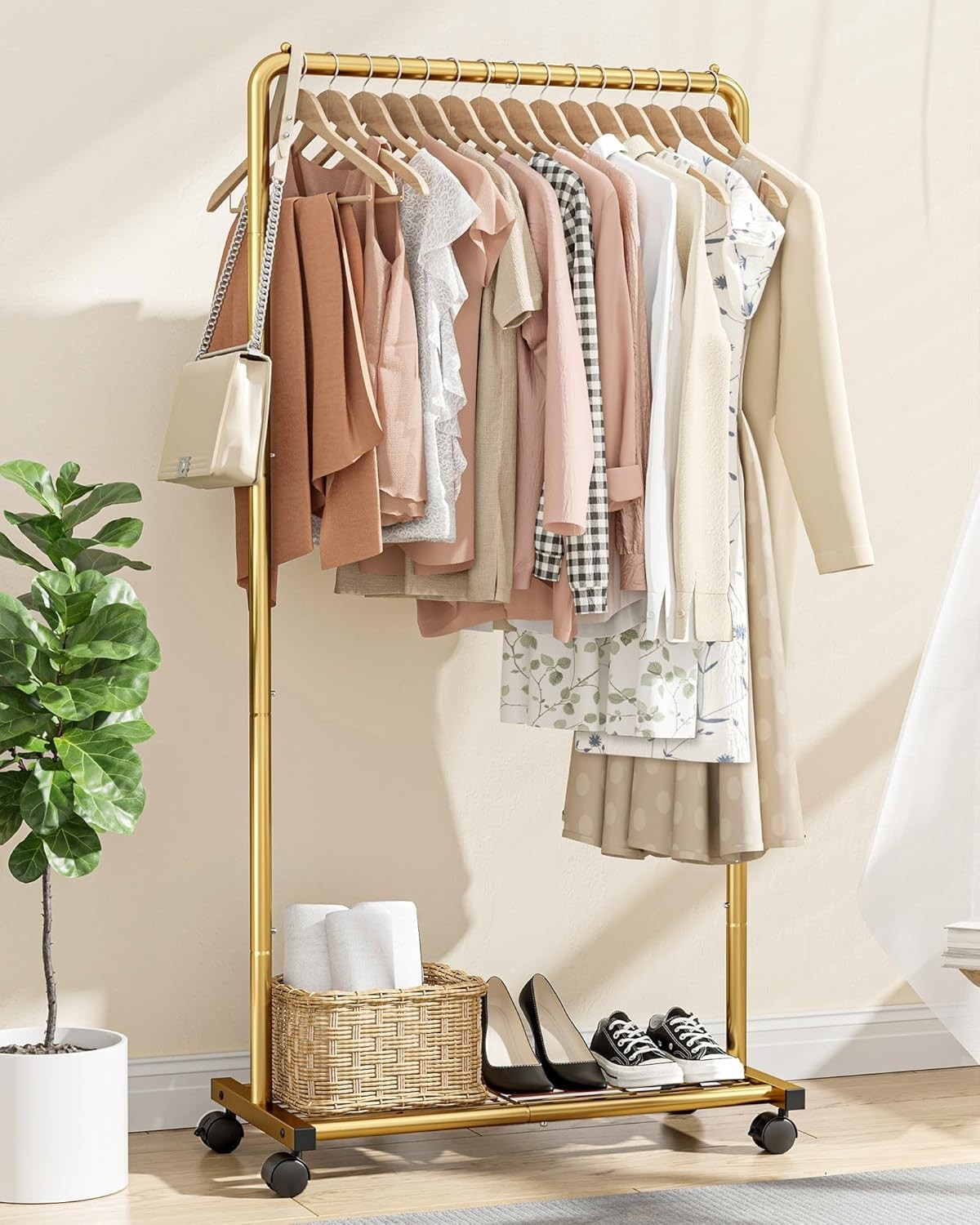 Gold Heavy Duty Clothes Rail w/ Wheels & Shelf – 72×36×149cm