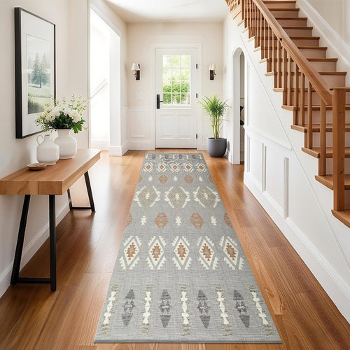 Grey Runner Rug 80x300cm Non Slip Hallway Carpet Low Pile Geometric