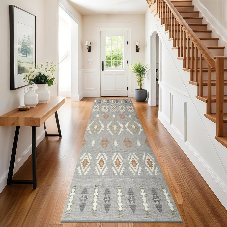 Grey Runner Rug 80x300cm Non Slip Hallway Carpet Low Pile Geometric