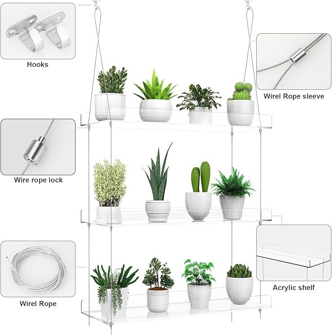 3 Tier Hanging Clear Acrylic Plant Shelf Window Garden Display for Indoor Plants
