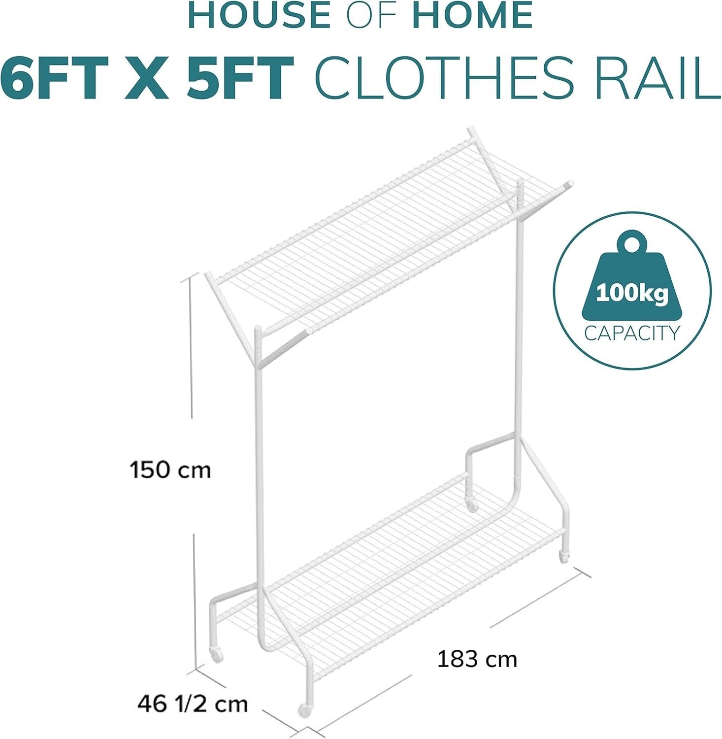 Heavy Duty 6ft Clothes Rail with Wheels & Shelves Black