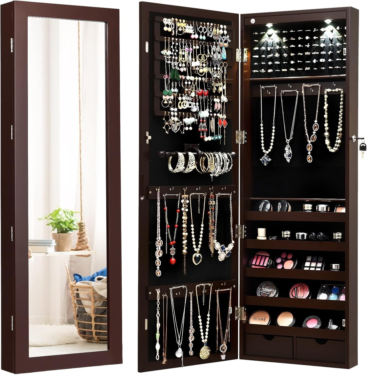 Brown Wall Door Mounted Jewellery Cabinet Lockable Mirror Organizer