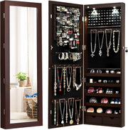 Brown Wall Door Mounted Jewellery Cabinet Lockable Mirror Organizer