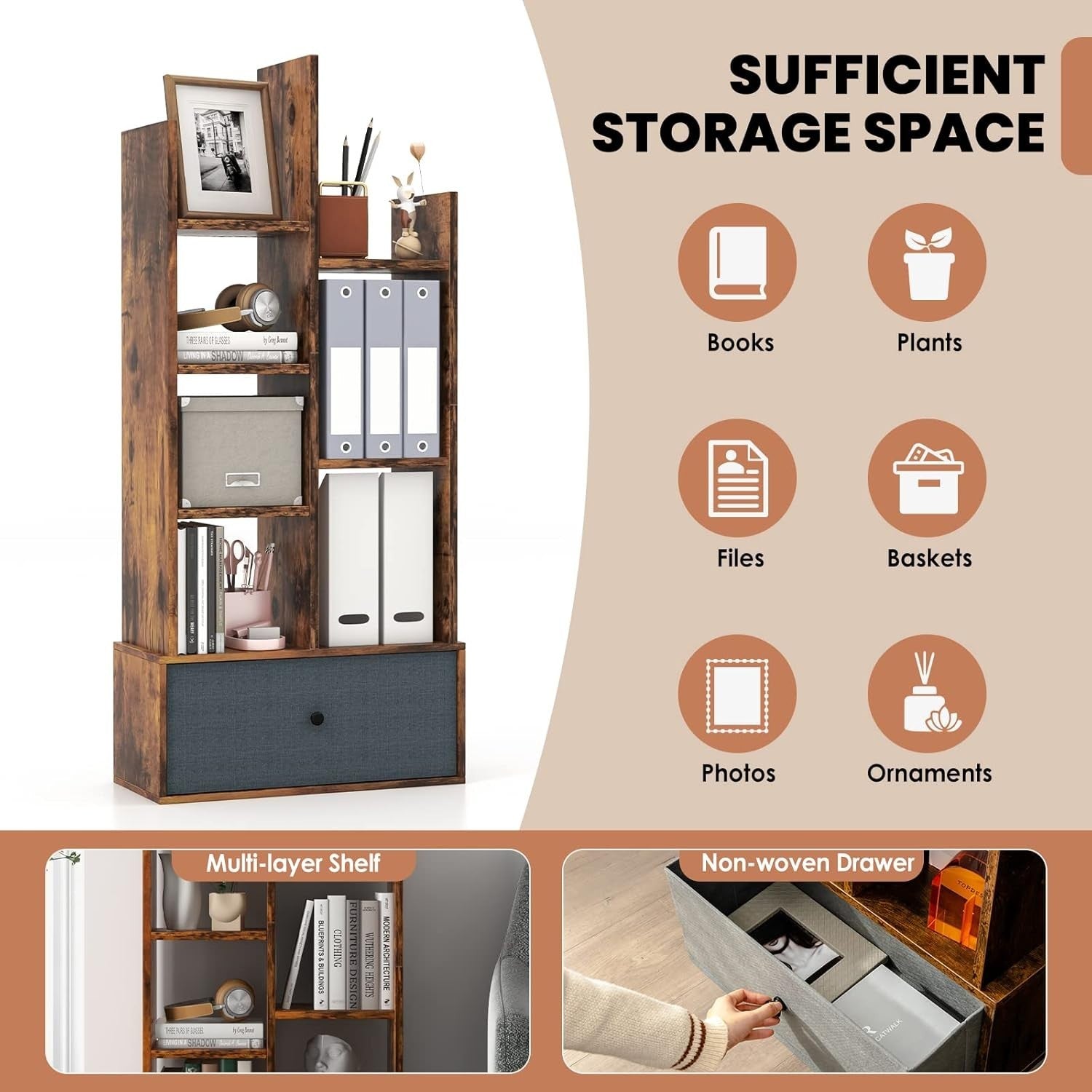 7-Tier Rustic Brown Wooden Bookshelf with Drawer, Space-Saving Storage