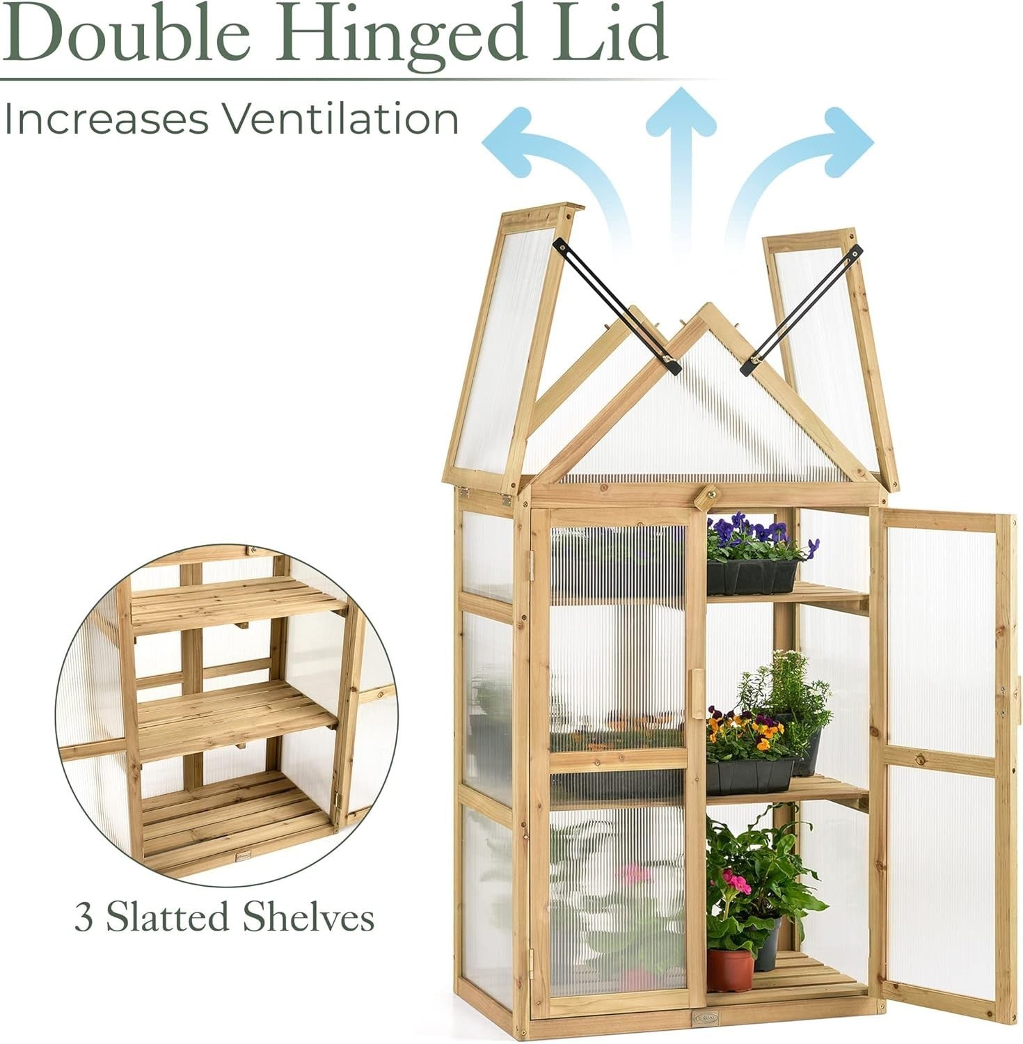 Wooden Lean-To Greenhouse Cold Frame | Natural Wood Polycarbonate Growhouse