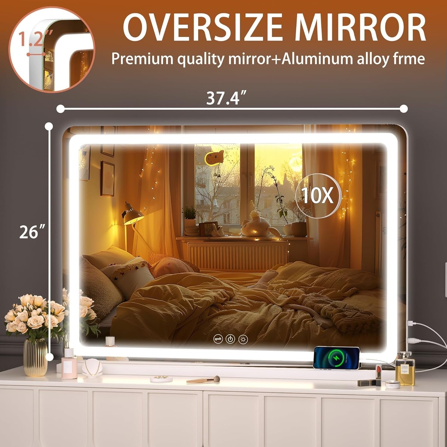 LED Makeup Mirror 95x65cm Vanity Lighted Touch Control Dimmable