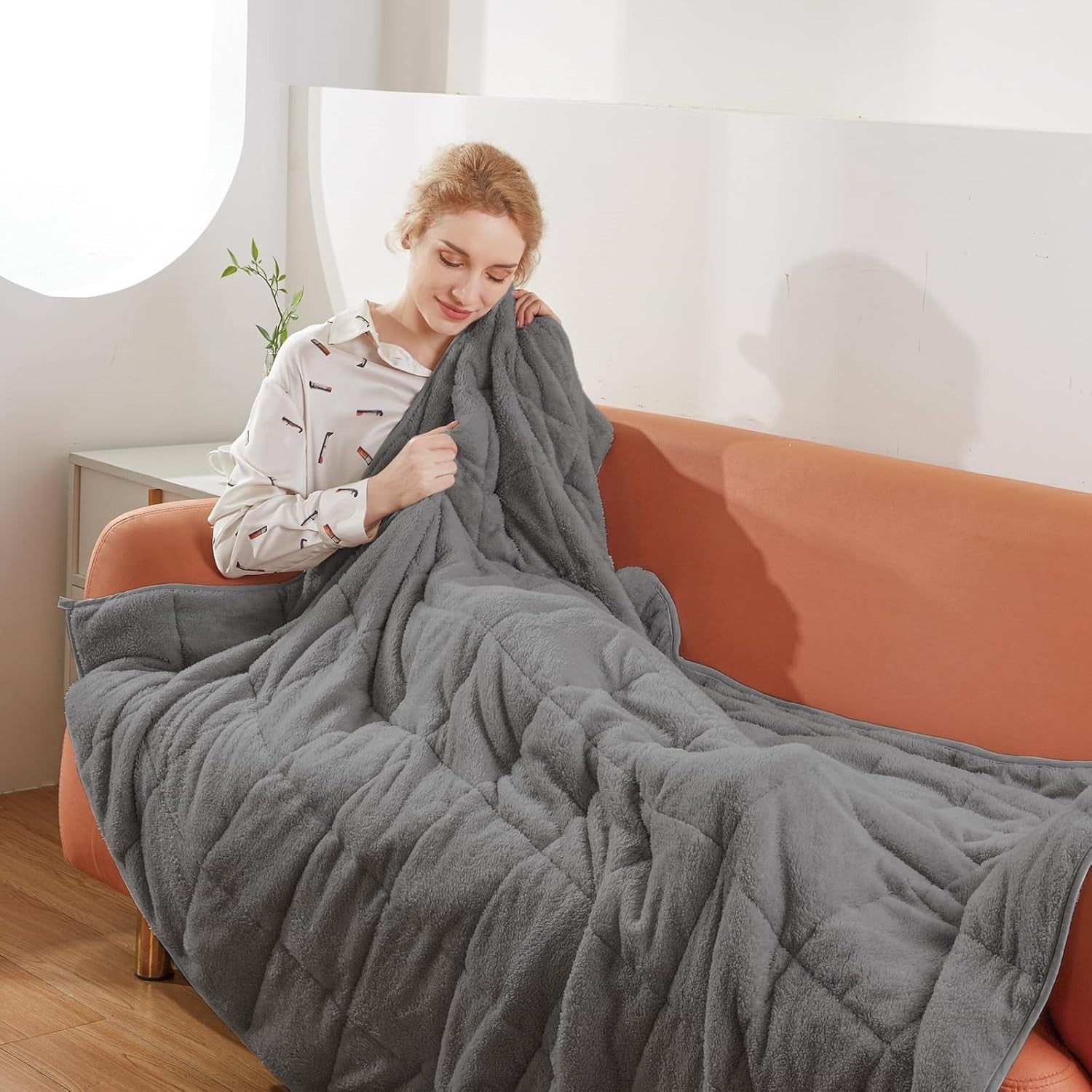 8kg Weighted Blanket, Dark Grey Teddy Fleece Quilted 150x200cm Anxiety Relief