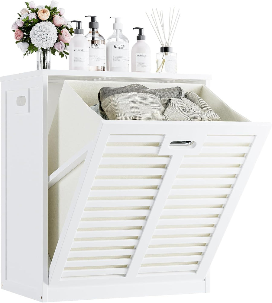 White Bamboo Tilt Out Laundry Hamper Cabinet with Hidden Basket Storage