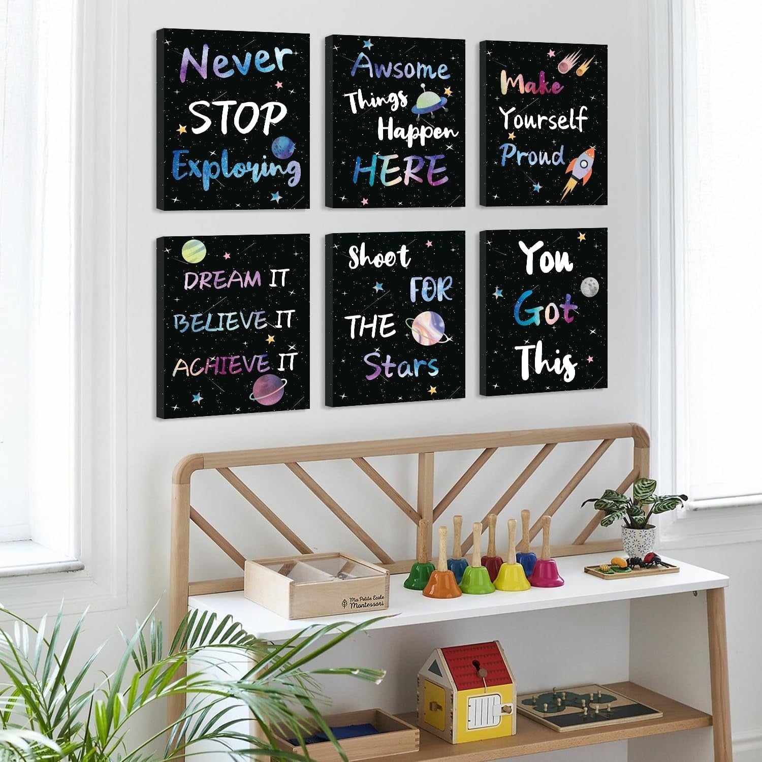 Space Motivational Wall Art Set of 6 Framed Kids Bedroom 25x20cm